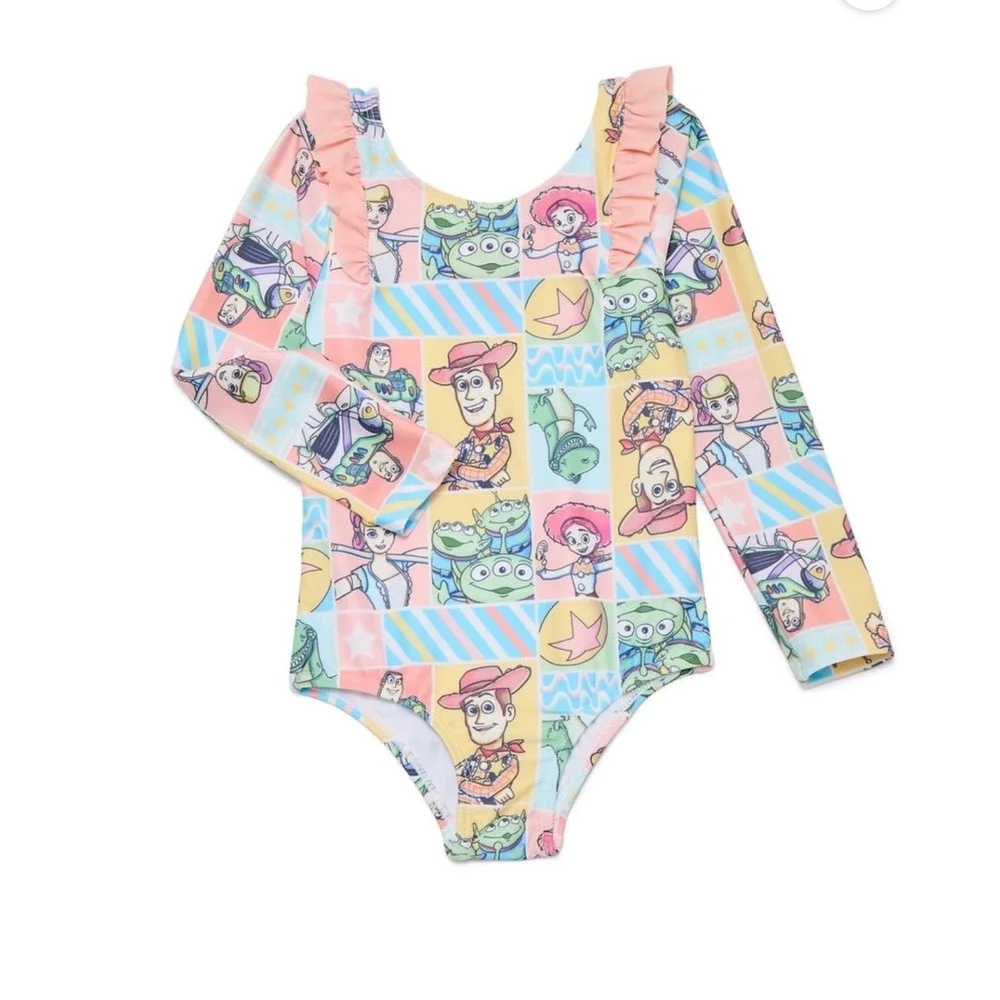 Disney Toy Story Girls Long Sleeve One Piece Swimsuit Pink Ruffle 4T New